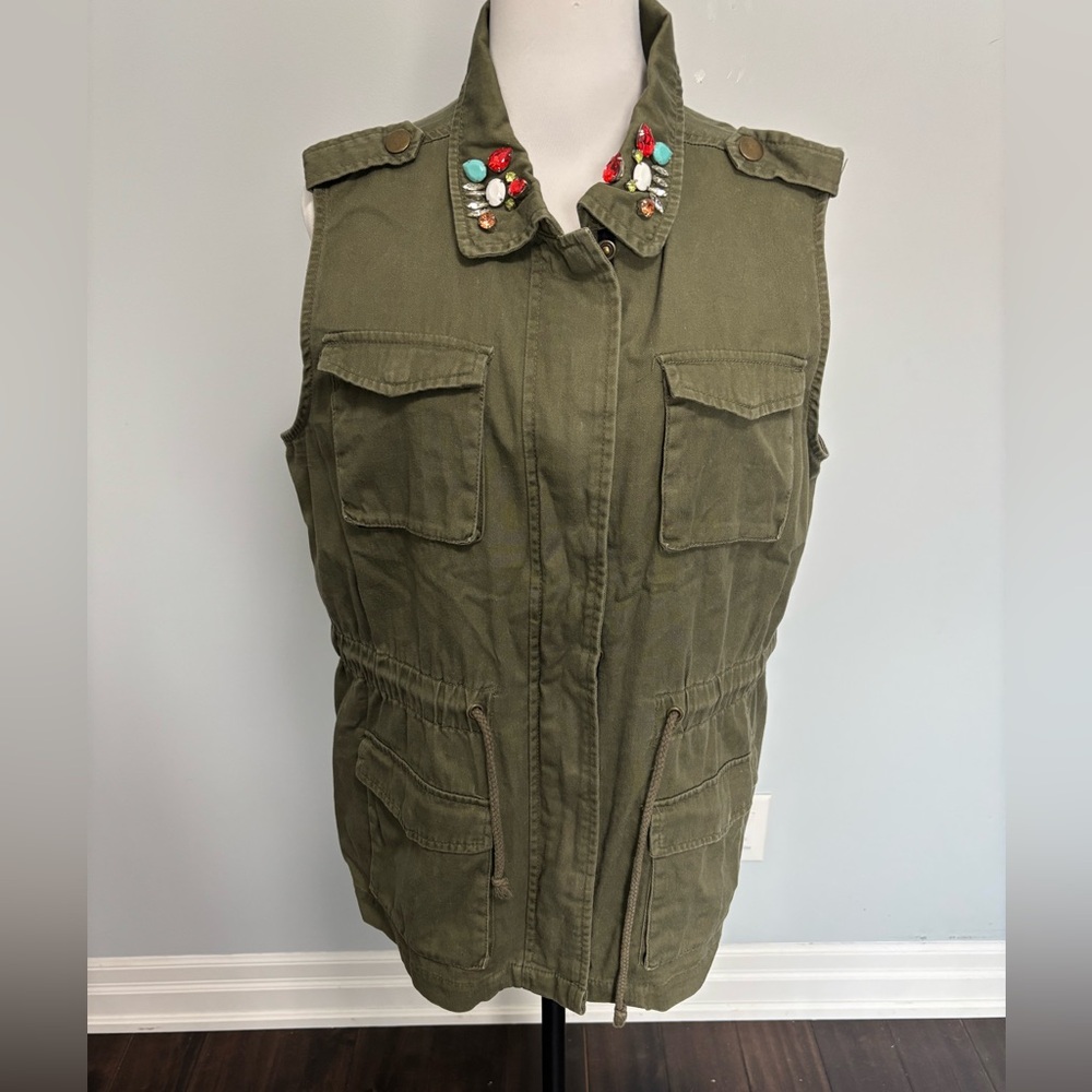 Decree Olive Green Vest with Beaded Collar